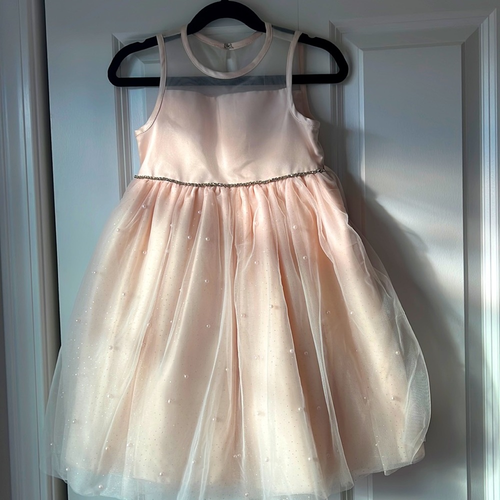 Formal dress, blush/pink, pearls, rhinestone